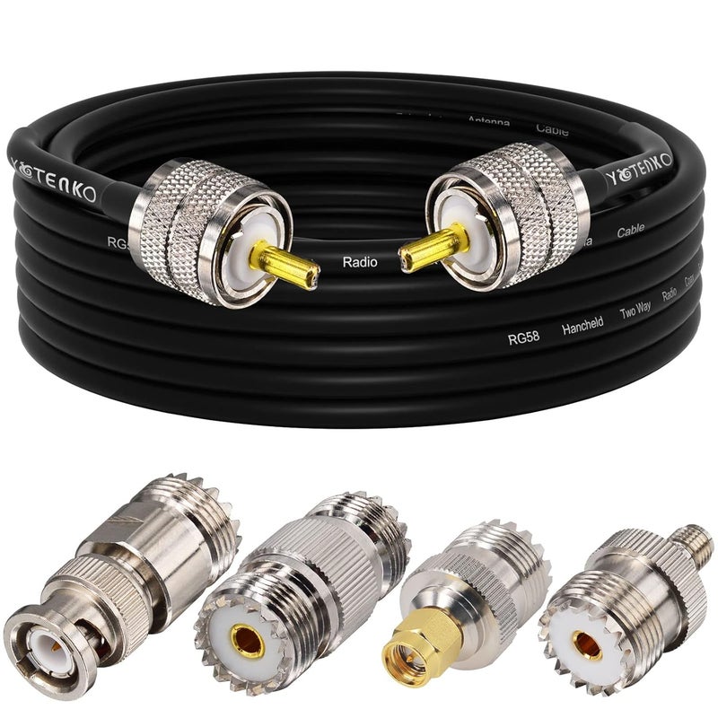 YOTENKO CB Coax Cable 15FT RG58 Coaxial Cable, UHF PL259 Male to Male Cable + UHF SO239 Female to SMA/UHF/BNC Adapter 4-Pack for CB Radio Antenna, Ham Radio, SWR Meter, HF Radio - Image 1